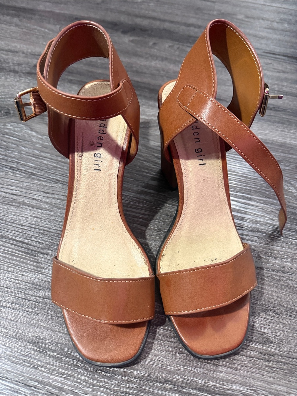 Madden Girl Tan Brown Ankle-Strap Block Heel Sandals size 7.5